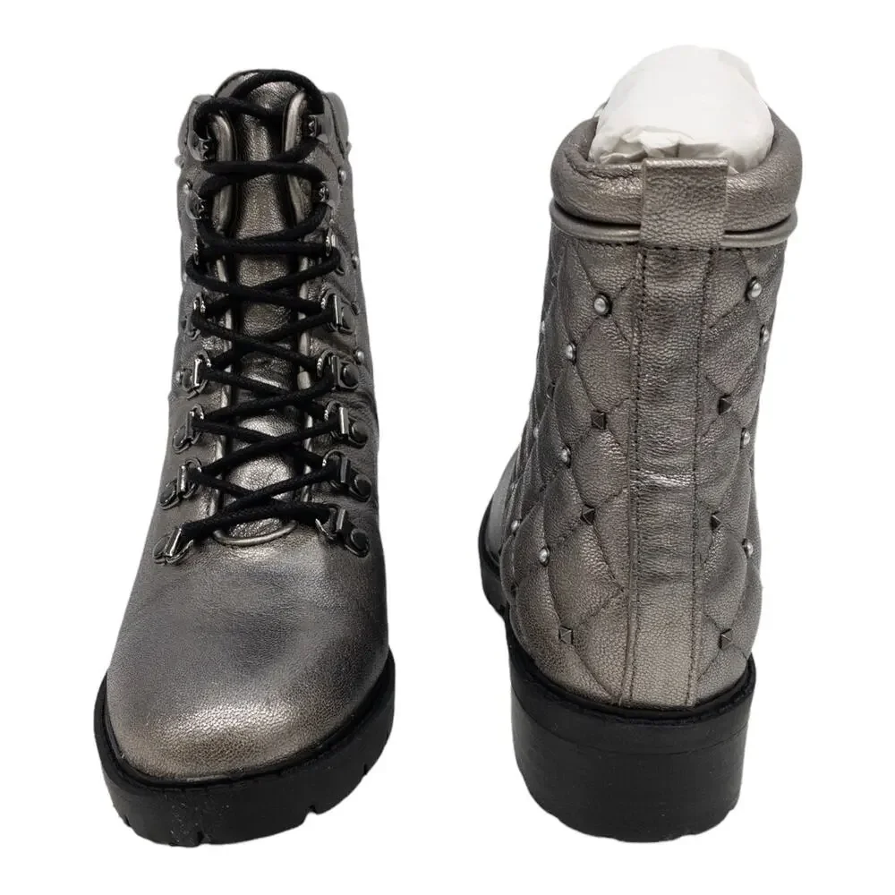 Marc Fisher Silver Metallic Lug Sole Quilted Studded Lace Up Combat Boots Size 5